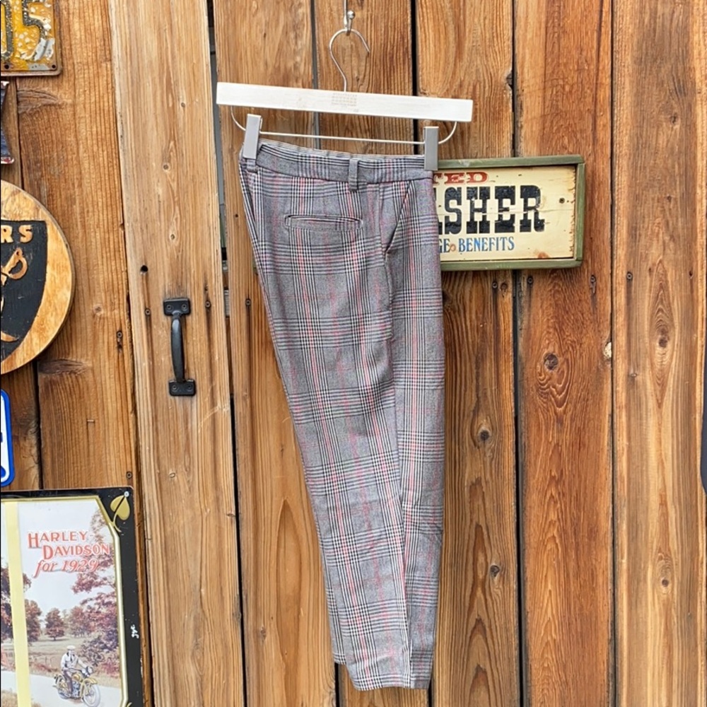 Gray and Red Plaid Skinny Ankle Trousers